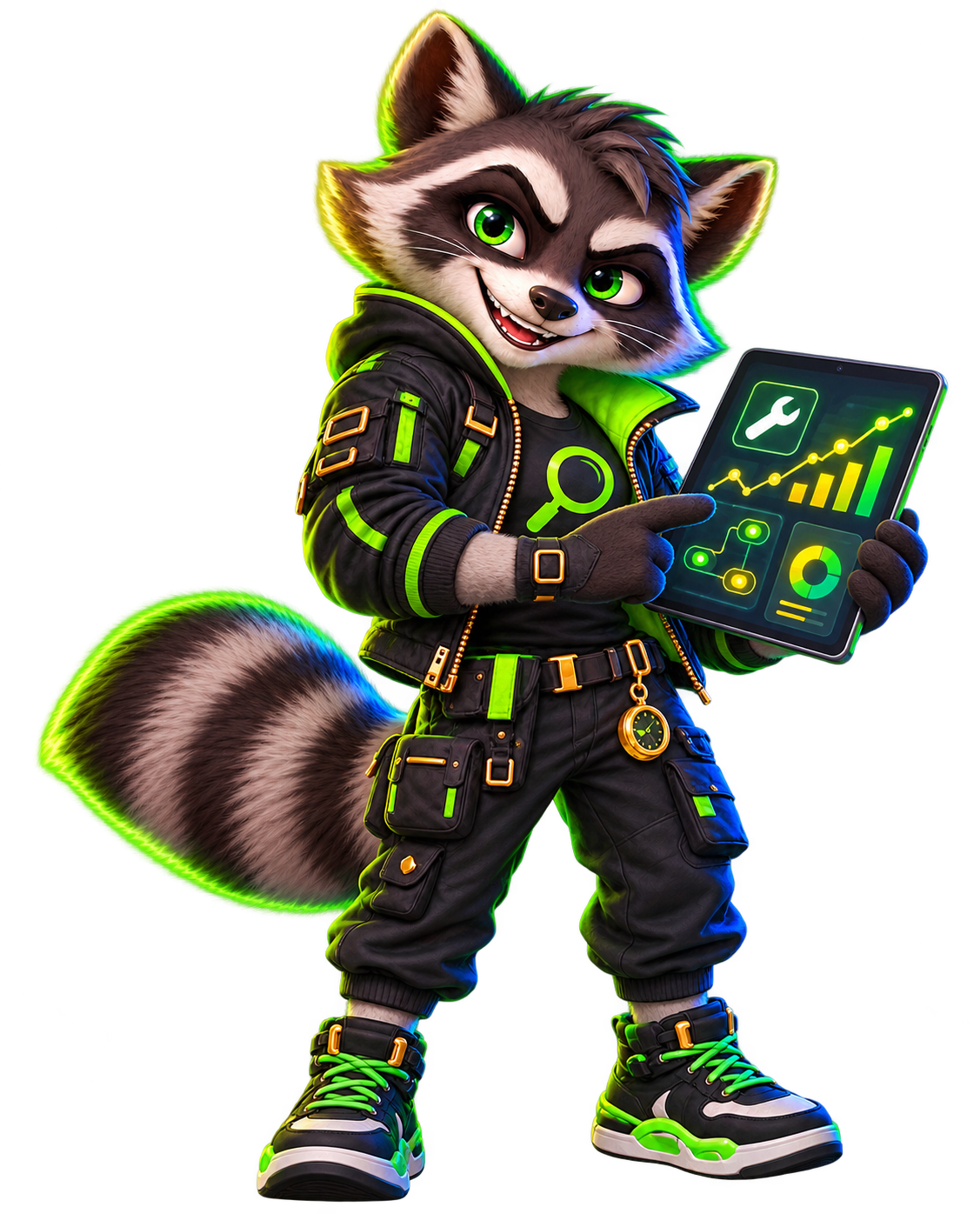 Lucky Ludo, the raccoon Tools Navigator, holding a workflow tablet